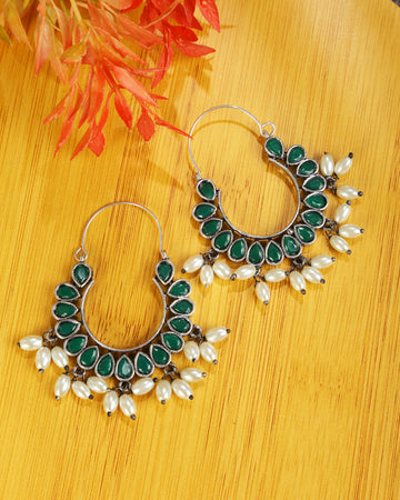 Green stone German Silver Hoop Earrings